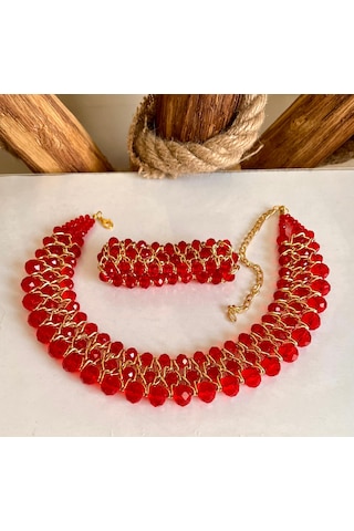 Kırmızı Kristal Taşlı Türk El Yapımı Gerdanlık Kolye Ve Bileklik Kırmızı