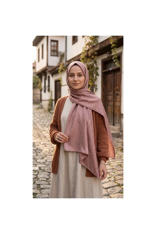 Nukra Jakarlı Pamuk Tesettür Şal Otantik Desen Pembe 70 X 190 Cm