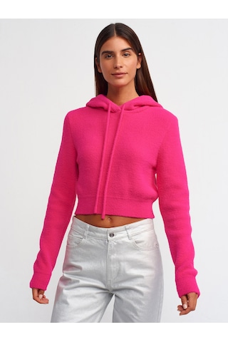 Dilvin Yumuşak Dokulu Kapşonlu Crop Kazak Fuşya