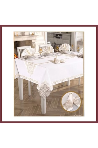 Storeşahin Elegant Linen Yemek Takımı Masa Seti 12 Kişilik 26 Parça160 260 Cm Runner Set Krem-gold Shn0720 Krem - Gold
