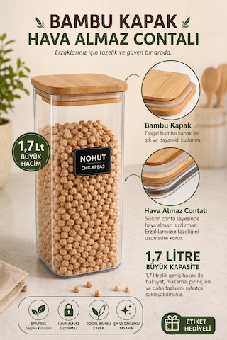6'lı Ahşap Vakumlu Kapak Erzak Saklama Kabı Seti - Mutfak Düzenleyici Etiketli Akrilik Un Bakliyat Kabı 6 X 1,70 Lt Şeffaf
