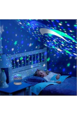 Led Projeksiyon Gece Lambası Dönen Ay Yıldız Led Mavi
