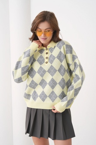 Kadın Polo Yaka Yarım Pat Düğme Detay Desenli Oversize Triko Kazak Açık Sarı