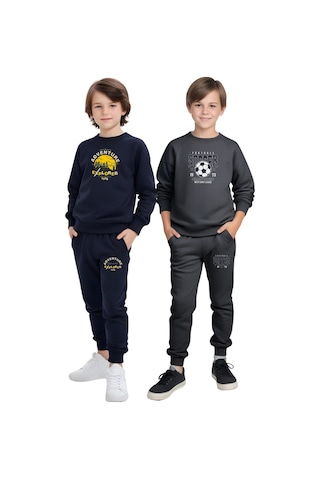 Fyk Kids 2'li Erkek Çocuk Yuvarlak Yaka Baskı Detaylı Eşofman Takımı Lacivert - Füme