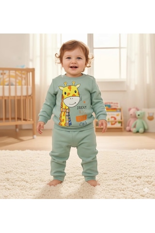 Kız Bebek Zürafa Baskılı Çıt Çıtlı Alt Üst İkili Gündelik Takım 6-18 Ay Yeşil