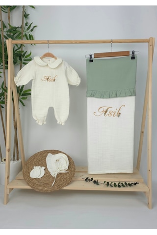 Gros Shop Müslin Yeni Doğan 4katlı Organik %100pamuk Kişiye Özgü Nakışlı Hastane Çıkış Seti Papatya Model-3 Ekru