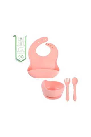Çocuk Silikon Mama Önlüğü, Silikon Vakumlu Kase, Silikon Kaşık Ve Çatal / Pembe