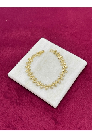 Parlak Ve Taşlı Kalp Figürlü Gold Bileklik Gold