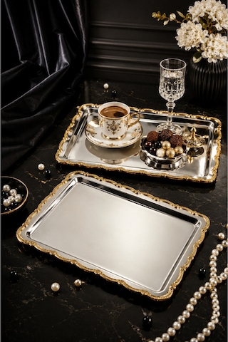 Jasper Nova Gold 2'li Paslanmaz Çelik Gold Çerçeve Kahve Sunum Tepsisi Baton 33x17 Cm Gri - Altın