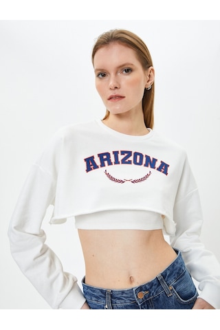 Koton Crop Sweatshirt Baskılı Bisiklet Yaka Uzun Kollu Beyaz 4sak10275ek Beyaz