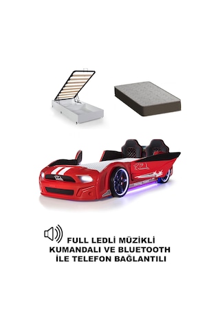 Bazalı Arabalı Yatak Kırmızı Kapıları Açılan Mustang Full Ledli Kumandalı Ve Müzikli+ortopedik Yatak 90x190 Cm