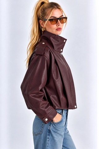 Mevese Kadın Siyah Dik Yaka Apolet Detaylı Çıtçıtlı Oversize Astarlı Suni Deri Ceket- Bordo