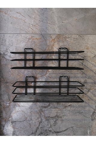 Banyo Yapışkanlı Siyah 2 Adet Tek Katlı Düz Şampuanlık Tş01, Delmeye Son, Matkap Vida Yok Siyah