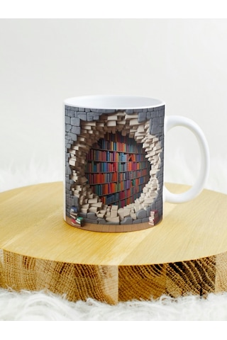 Deepcraft 3d Görünümlü Kitaplık1 Mug Hediyelik Kupa 300ml Beyaz