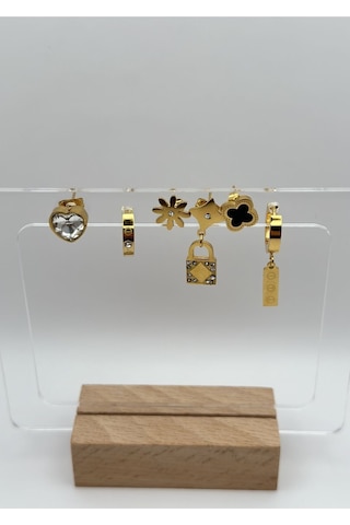 Arnes Jewelry Çelik Anahtarlı Zirkon Taşlı Kalpli 6 Lı Küpe Ar182nes Gold