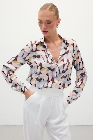 Sateen Desenli Uzun Gömlek - Kahve-136126 Kahve
