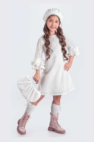 Beyaz Valon Kesim Şapkalı-çantalı Elbise Beyaz