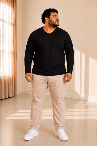 Sngl Tekstil Erkek Büyük Beden Oversize Uzun Kollu V Yaka T-shirt 3xl 4xl 5xl 6xl 7xl 8xl 9xl Siyah