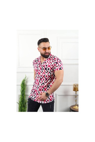 Mfz Giyim Erkek Kısa Kollu Slim Fit Dar Kesim Apaş Yaka Desenli Viskon Yeşil - Beyaz Gömlek