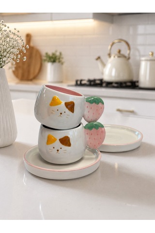 Kedi Desenli Çilek Kulplu 2'li Kahve Fincanı 140 Ml Diğer