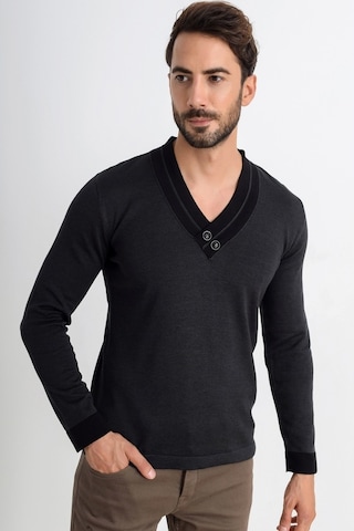 Heyss V Yaka Düğme Detaylı Erkek Triko Kazak (381033766) Antrasit