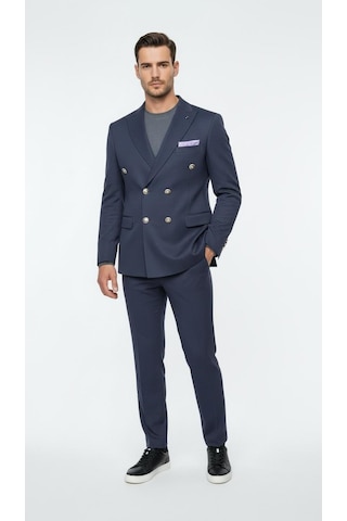 Erkek Kruvaze Gold Düğmeli Dokulu Likralı Kumaş Blazer Ceket Modern Kesim Şık Tasarım Lacivert