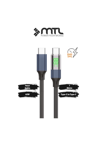 65w Pd Type-c To Type-c Dijital Watt Göstergeli Hızlı Şarj Ve Data Kablosu 1 Metre Siyah Mt2155