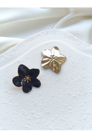 Siyah Çelik Çiçek Küpe Altın - Siyah