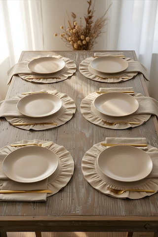 Pamuklu Fırfırlı Supla 6'lı Set Amerikan Servis 33 Cm Çap Supla 6'lı Bej