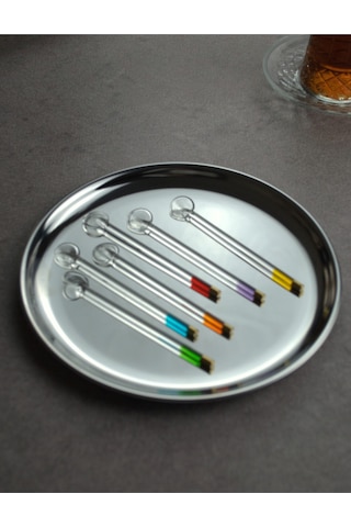 6'lı Cam Çay Kaşığı Renkli Gold Detaylı Sunumluk Kaşık Renkli