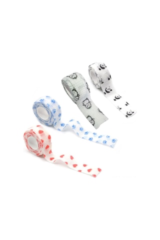 Kosona Öğrenci Yazma Korumalı Bandaj 4'lü Paket - Panda+penguen+kalp+mavi Pençe Desenli, 25mmx4.5m, Kuru Cilt & Yaralı Koruması, Soluk, Kaymaz, Kesme Gereksiz