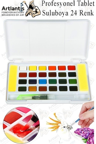 Tablet Sulu Boya 24 Renk Plastik Kutu 1 Paket Monalisa 24 Lü Taş Sulu Boya Tablet Suluboya Resim Hobi Sanat Çok Renkli