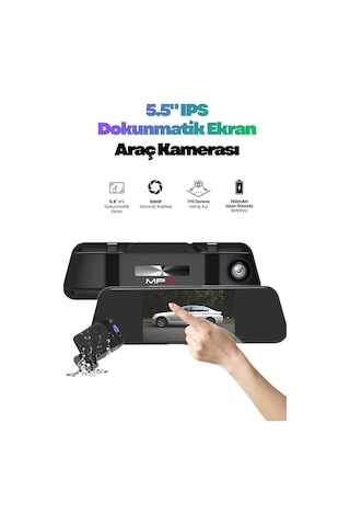 5.5" Ips Ekran Ön Fhd Arka Hd 5mp Tf Kartlı Araç İçi Çift Lens Araç Kamerası
