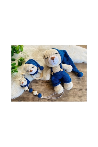 Adenya Sepeti Sepeti Masala Ayıcık Set Lacivert Renk Örgü Amigurumi Oyuncak + Diş Kaşıyıcı + Emzik Askısı