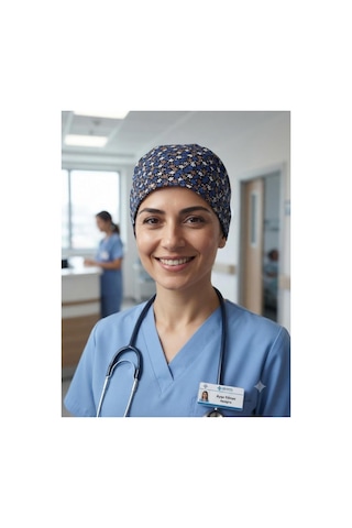 Cerrahi Bone Yıkanabilir Kumaş Desenli Lastikli Doktor Hemşire Hastane Bonesi Unisex Mavi Mavi