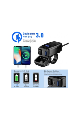 Lexroo Motosiklet Hızlı Şarj Cihazı 12v-24v Su Geçirmez Çift Usb Type-c Pd Hızlı Şarj Portu Gidon Standart