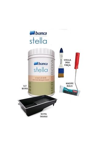 Bianca Stella Boya 1 L Boya + Boya Tavası + Stella İpek Fırça + Kadife Rulo 4 Parçalı Set Antrasit Gri