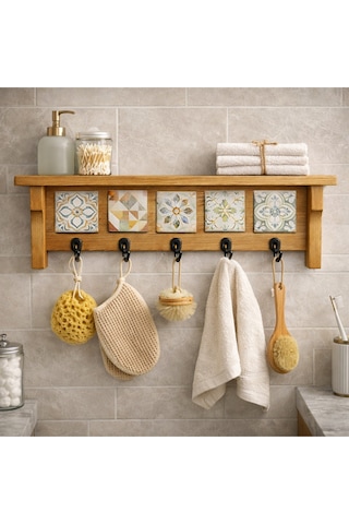 5askılı Doğaltaş Dekorlu Ahşap Duvar Düzenleyici Giriş Holü Anahtarlığı, Mutfak Ve Banyo Duvar Rafı 42x12-5 Askılı