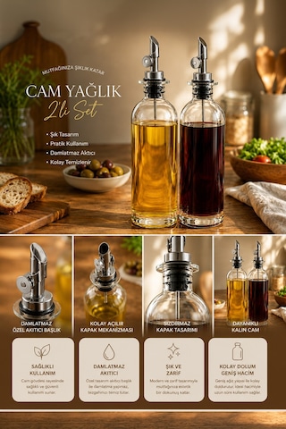 Porsima 3890-1 Gümüş Sızdırmaz Kapaklı Cam 2 Li Yağlık Sirkelik Yağdanlık Seti 500+500 Ml Şeffaf- Gümüş