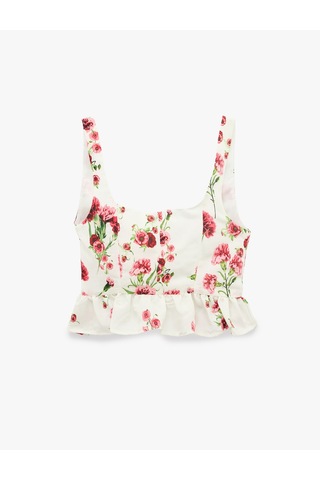 Koton Viskon Kumaş Slim Fit Kare Yaka Kalın Askılı Çiçekli Crop Bluz Pembe Desenli 6sak30099ew