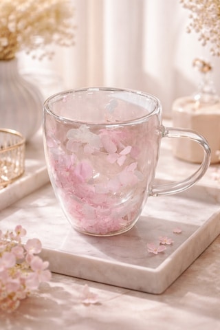 Makri Home Pembe Beyaz Çiçekli Çift Cidarlı Cam Kupa, 350 Ml, 11 Cm X 8 Cm Çok Renkli