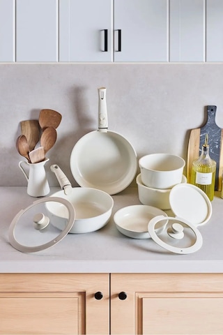 Beta 15 Parça Seramik Döküm Tencere Tava Seti Beige 17649 Bej