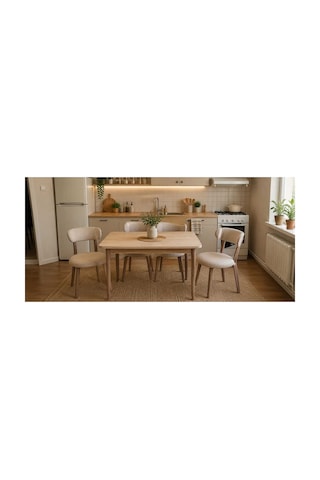 Tool Aksesuar T-6010 4 Kişik Yemek Masası Ve Krem Sandalye Takımı Mutfak Salon Restorant Cafe Otel Kullanımına Uygundur.