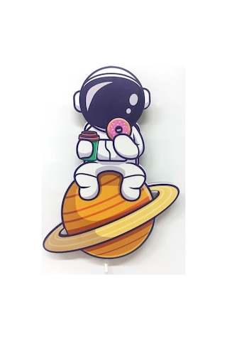 CajuArt Astronot Donut Ahşap Led Işıklı Çocuk Odası Duvar Tablosu