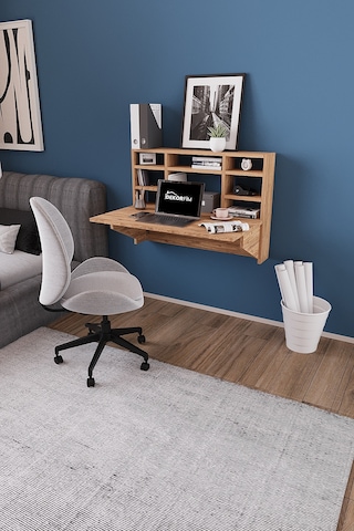 Df01104cm Duvara Monte Katlanır Çalışma Masası Raflı Duvar Masası, Minimal Tasarım Atlantik Çam