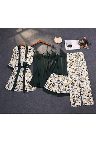 Ece's Design 5 Parça Lüks Saten Pijama Gecelik Takımı Çiçek Desenli Sabahlık Robe Kadın İç Giyim Seti W2013 Yeşil