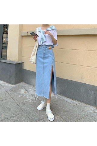 Yaz Kadın Kot Etek Klasik Açık Mavi Yüksek Bel Günlük Kot Bayan Kot Etek Açık Mavi