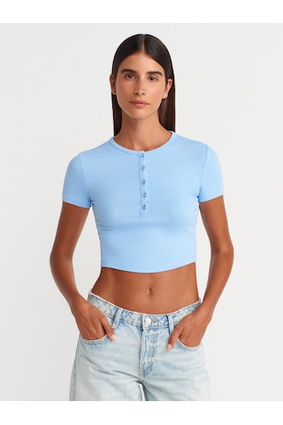 Dilvin 31647 Düğme Detaylı Crop Top-mavi Mavi