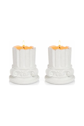 Antik Roma Sütun Tealight Mumluk Seti, Beyaz, Taş Tozu, 10 Cm, Vintage Stil, 2'li Set Diğer