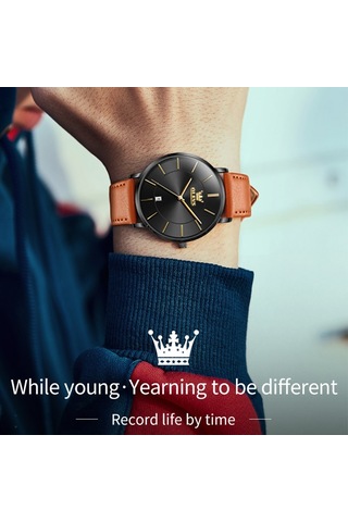 Olevs 5869 Erkekler İş Su Geçirmez Hakiki Deri Kayış Kuvars Saat Siyah + Kahverengi